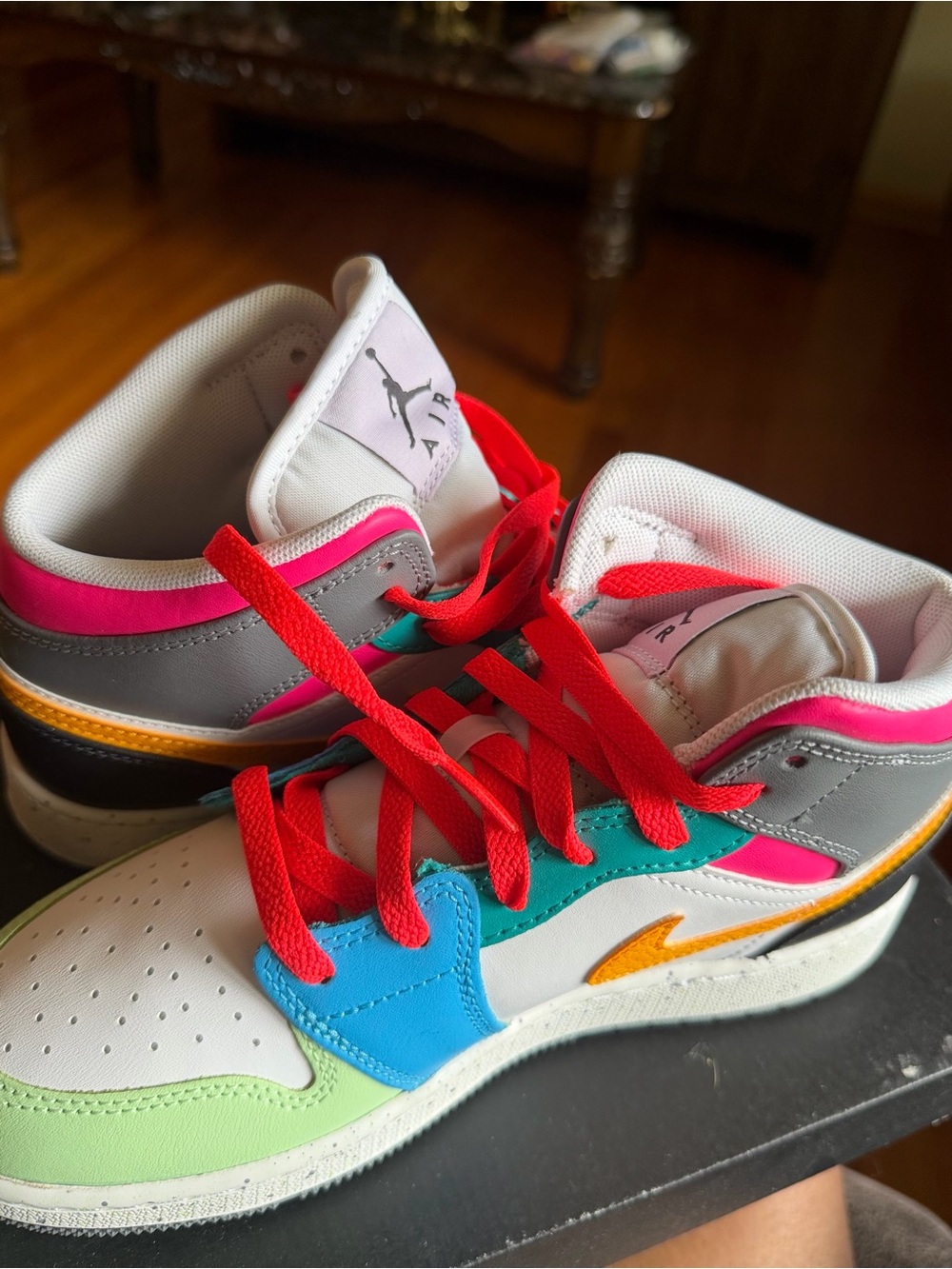 Jordan Kids Multicolor Low-Top Sneakers with Red Laces and Teal Accents